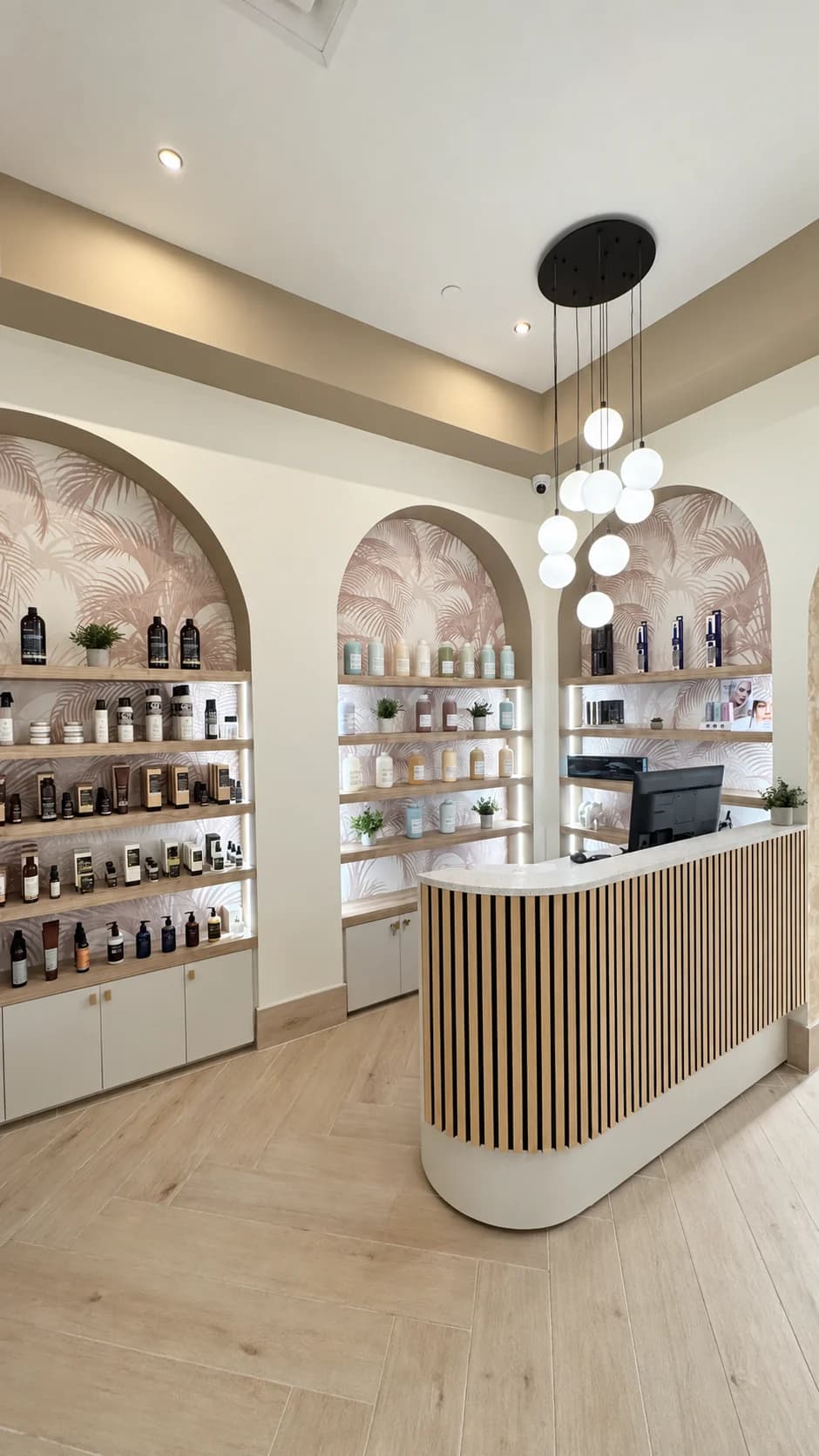 Salon Capelli reception with illuminated product shelves and a curved service counter